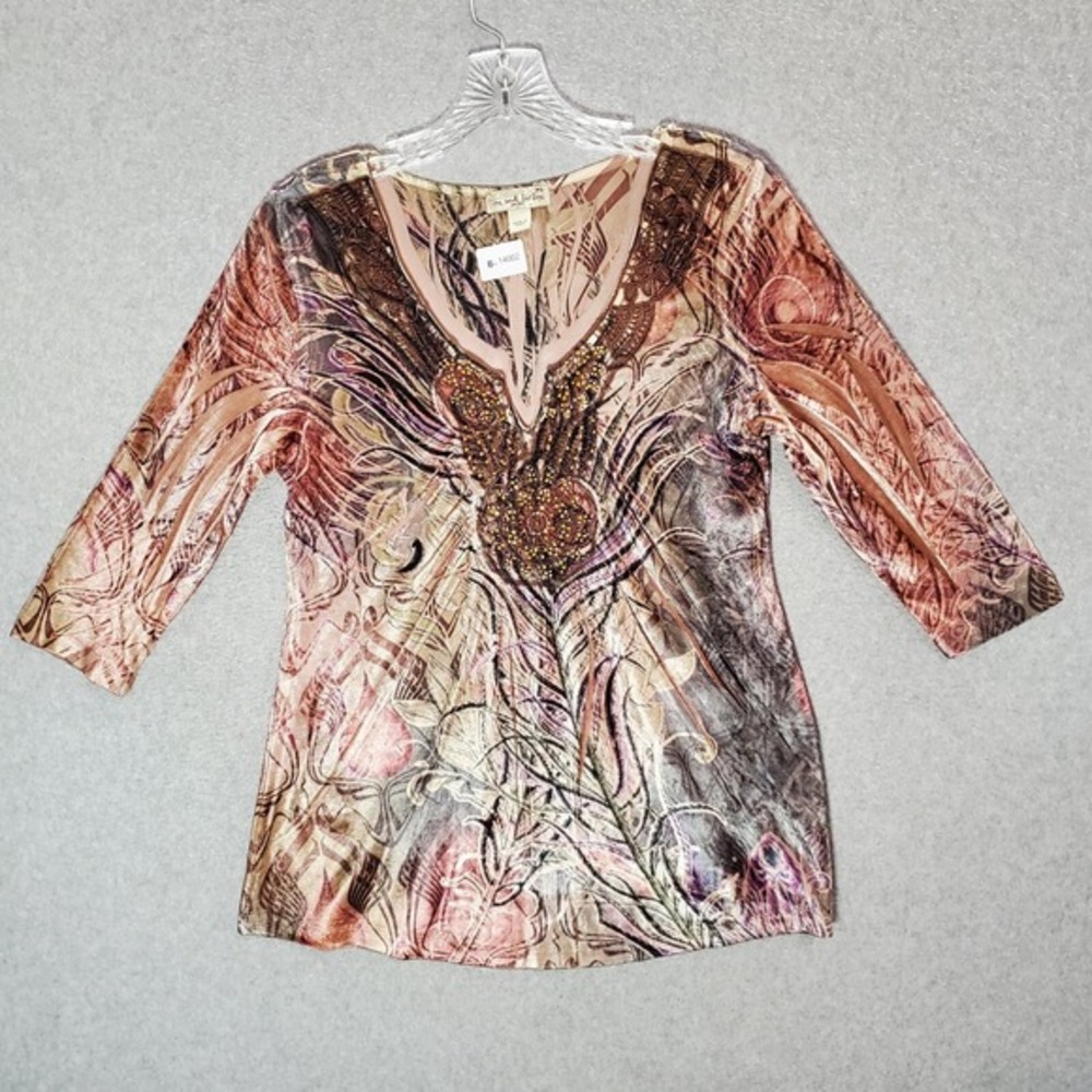 Live and Let Live Women Top Small Brown Petite 3/4 Sleeve‎ Beaded Floral